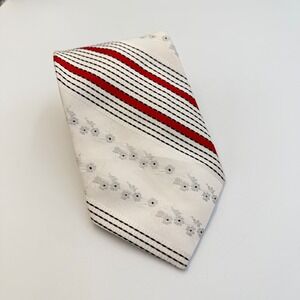 Vintage White Red Black Striped Floral Embroidered Wide Men's Necktie Retro MCM